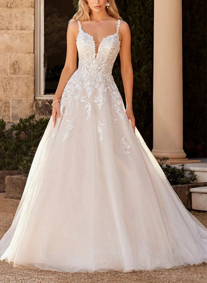 A-Line V-Neck Lace Wedding Dress Sleeveless Floor Length with Appliques Elegant