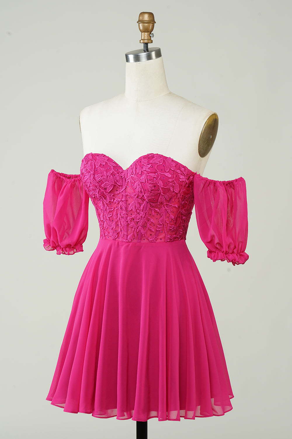 Fuchsia A-Line Corset Chiffon Short Homecoming Dress with Lace Off Shoulder