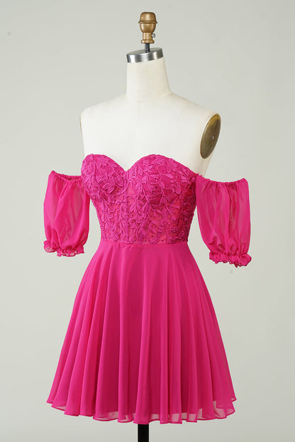 Fuchsia A-Line Corset Chiffon Short Homecoming Dress with Lace Off Shoulder