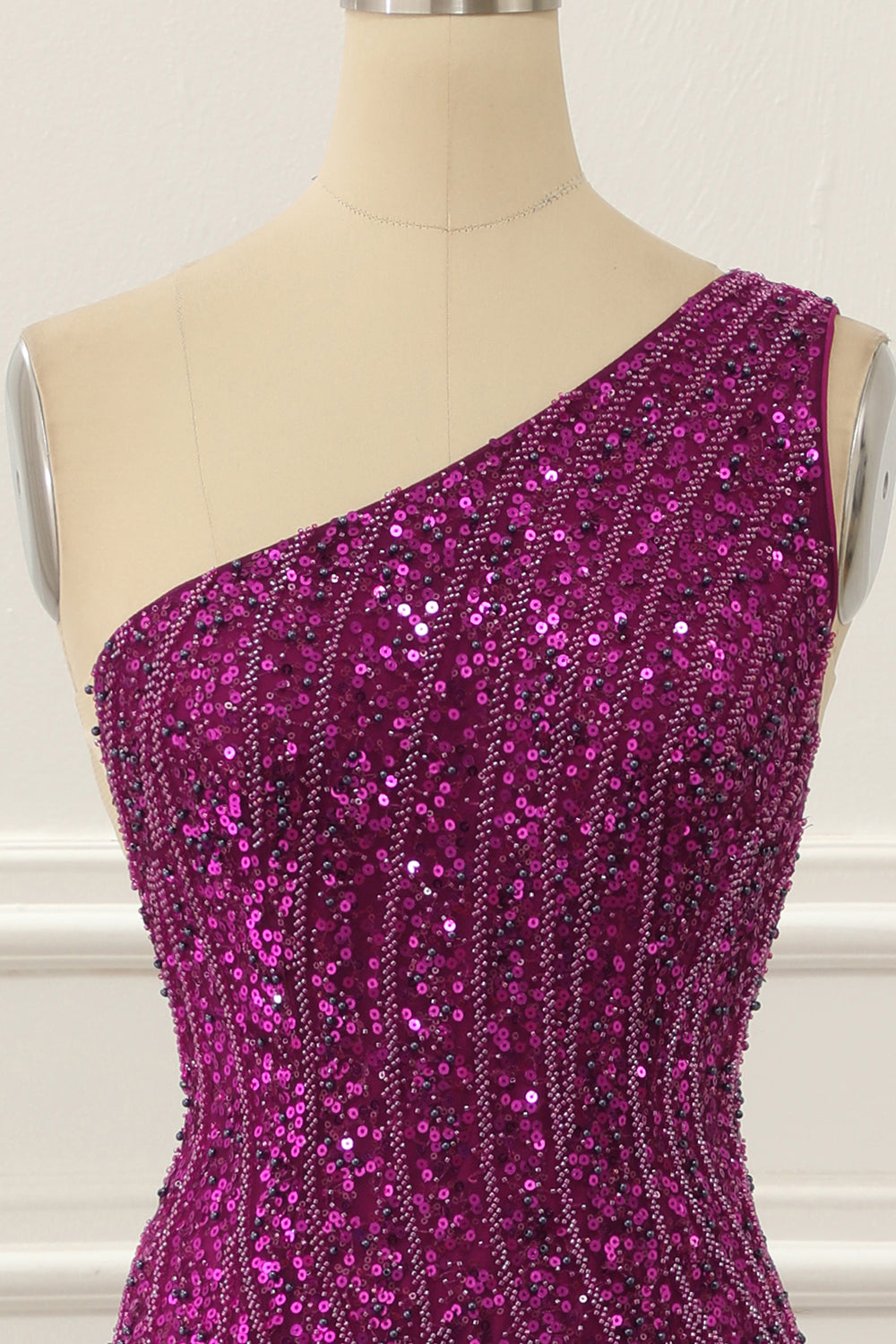One Shoulder Purple Beaded Prom Dress With Slit Sparkly Evening Dress