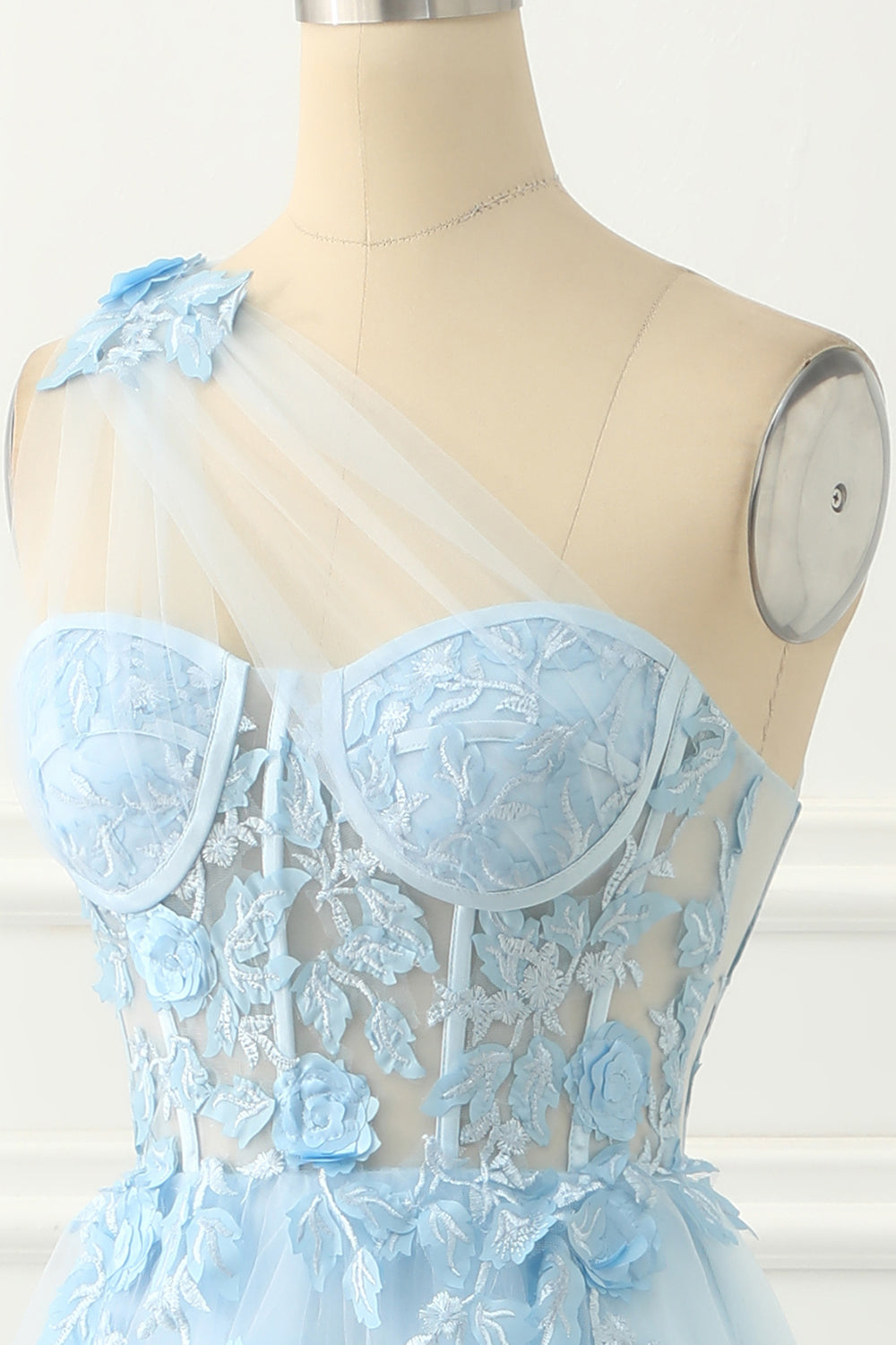 Sky Blue Tulle A-Line One Shoulder Prom Dress With Appliques Beautiful