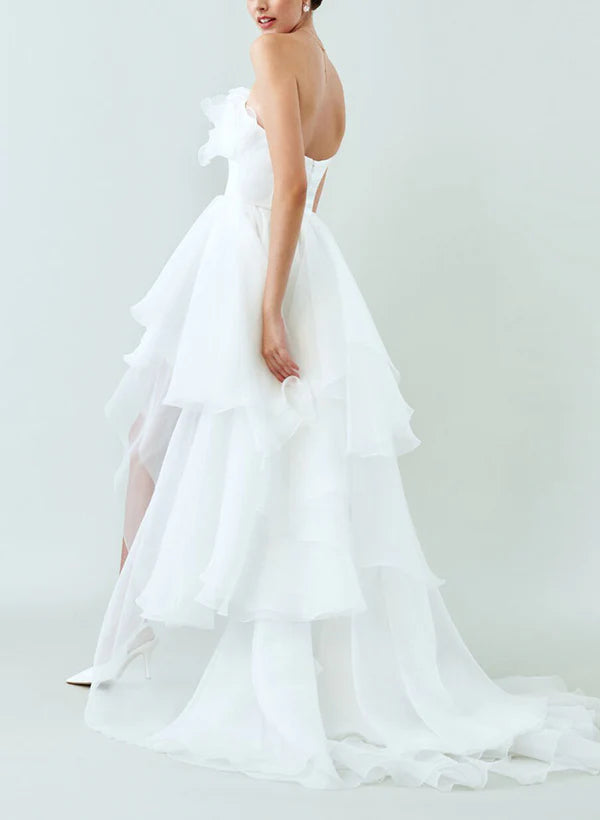 Strapless Sleeveless Sweep Train Wedding Dresses Off Shoulder Solid Color