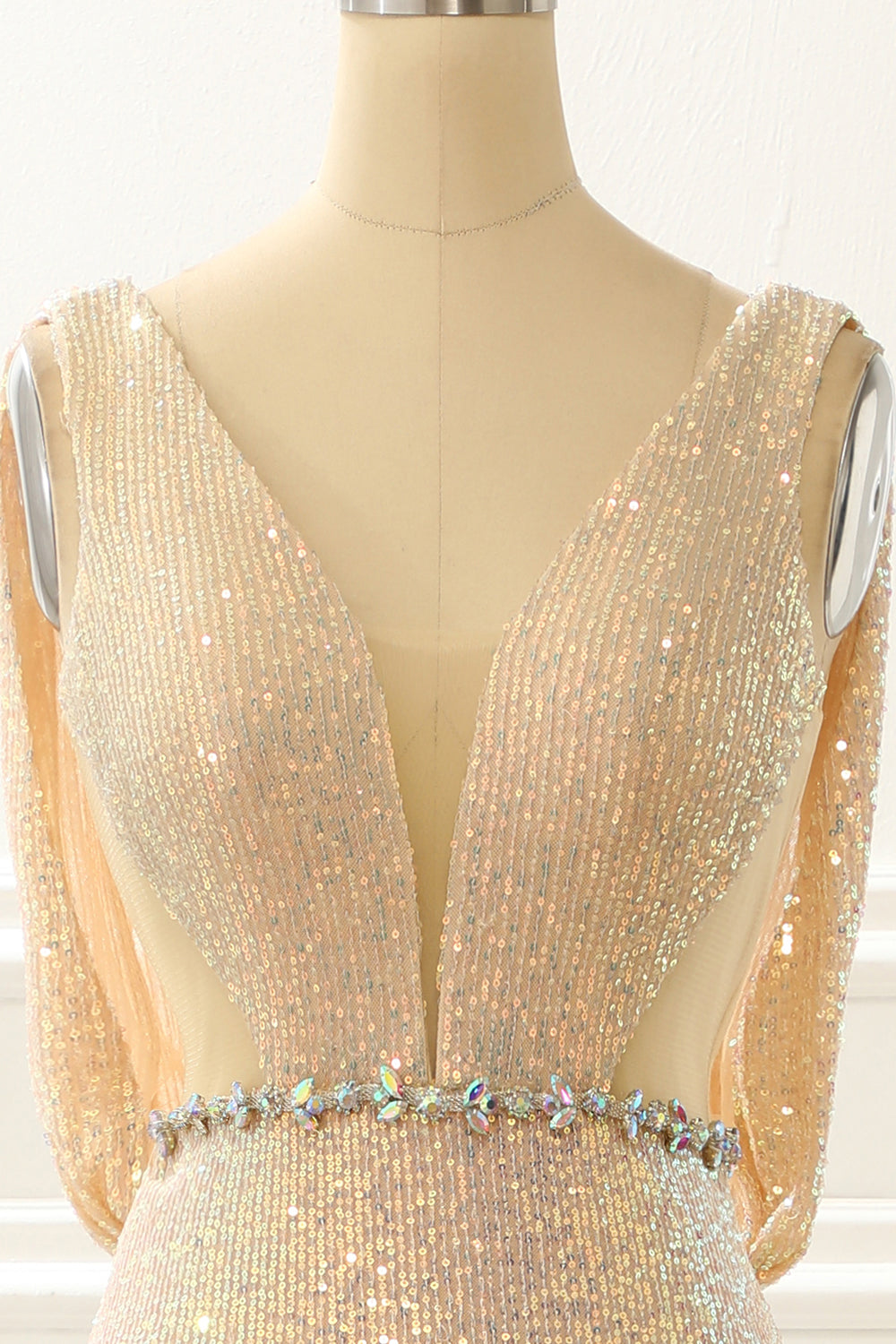 Champagne Sequins Long Prom Dress With Slit V-neck Sexy Sparkly