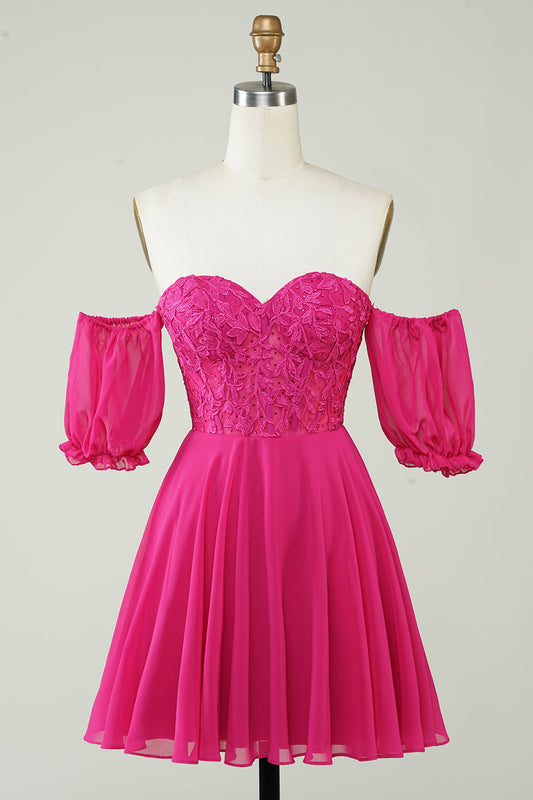 Fuchsia A-Line Corset Chiffon Short Homecoming Dress with Lace Off Shoulder