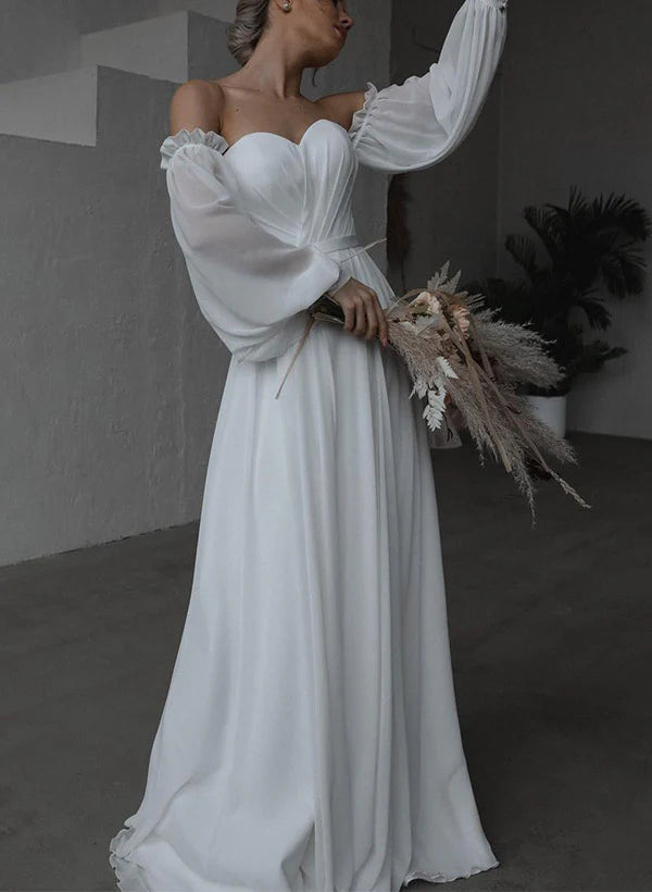 Off-The-Shoulder Long Sleeves Floor-Length Tulle Wedding Dresses Solid Color Elegant