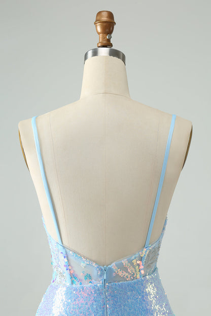 Glitter Light Blue Tight Spaghetti Straps Corset Short Homecoming Dress with Sequins Sparkly