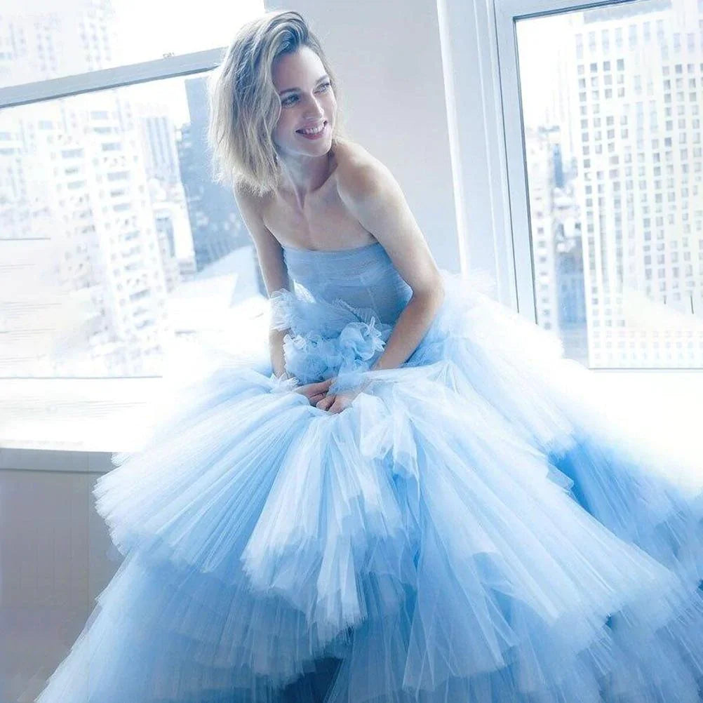 A Line Tiered Tulle Plus Size Strapless Evening Dress Light Blue Charming Long Prom Dresses