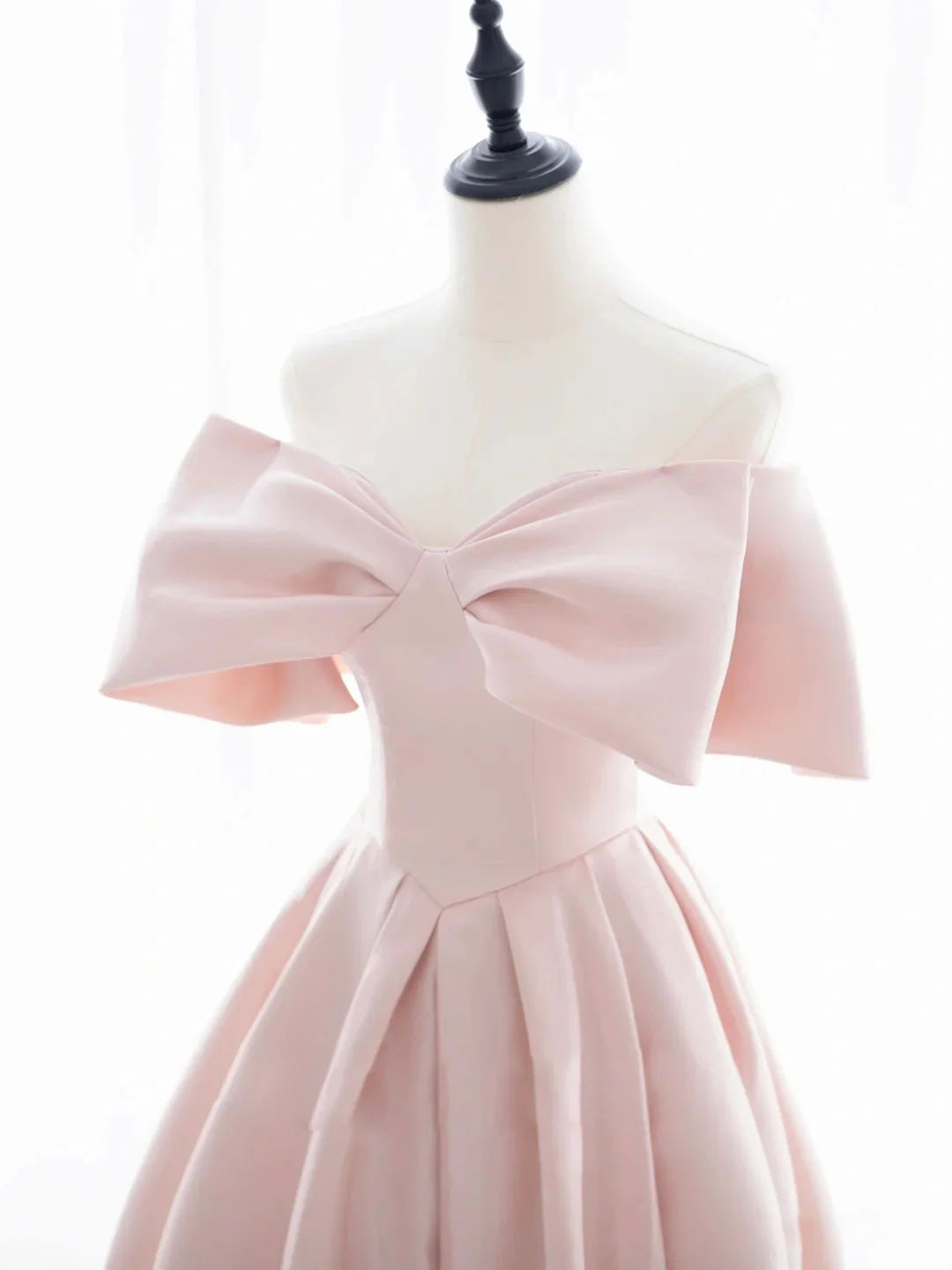 Simple pink satin long prom dress A line evening dress Off Shoulder Formal Dress With Bow(s)