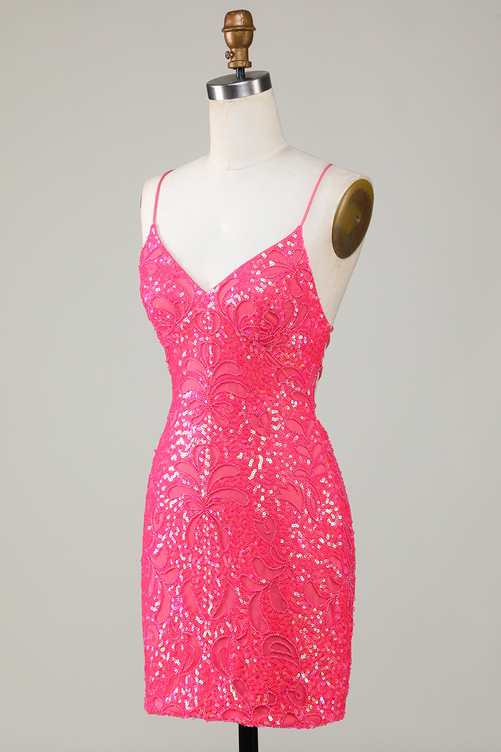 Sparkly Fuchsia Spaghetti Straps Beaded Tight Short Homecoming Dress Sexy