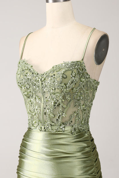 Mermaid Sage Spaghetti Straps Lace-up Back Prom Dress With Slit Sexy Beautiful