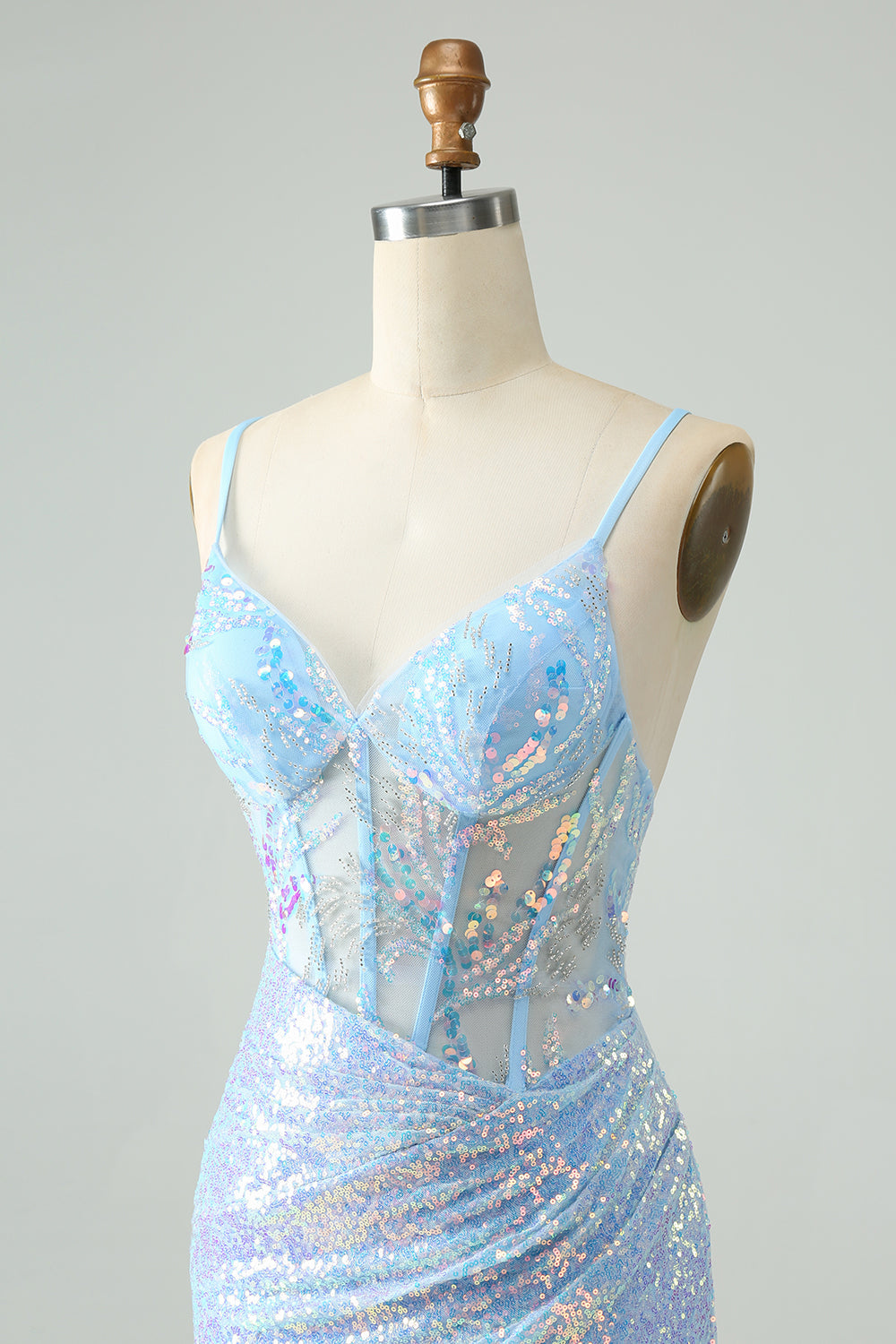 Glitter Light Blue Tight Spaghetti Straps Corset Short Homecoming Dress with Sequins Sparkly