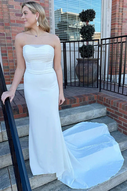 White Satin Strapless Mermaid Long Wedding Dress Off Shoulder Sexy