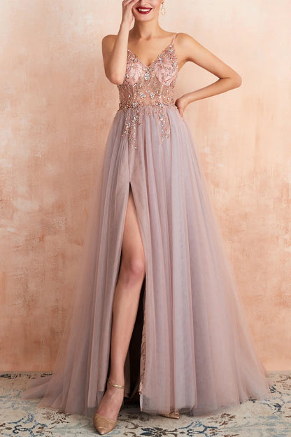 Grey Pink Sheath V-neck Tulle Long Prom Dress With Slit Sexy