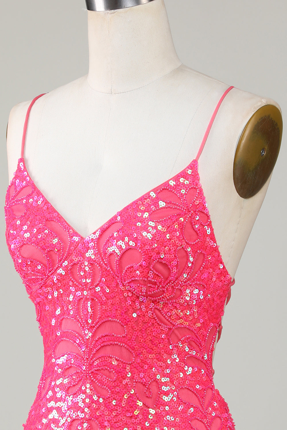 Sparkly Fuchsia Spaghetti Straps Beaded Tight Short Homecoming Dress Sexy