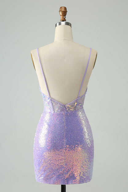 Glitter Light Blue Tight Spaghetti Straps Corset Short Homecoming Dress with Sequins Sparkly