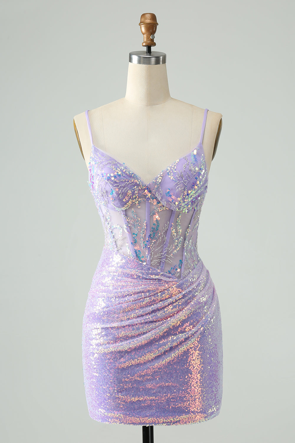 Glitter Light Blue Tight Spaghetti Straps Corset Short Homecoming Dress with Sequins Sparkly