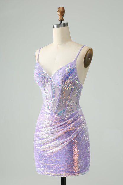 Glitter Light Blue Tight Spaghetti Straps Corset Short Homecoming Dress with Sequins Sparkly