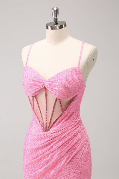 Stylish Sparkly Unique Pink Tight Sequin Corset Homecoming Dress with Lace Up Back Sexy