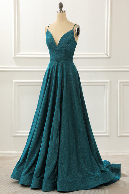 Spaghetti Straps Blue Long Sparkly Prom Dress V-neck Sexy Beautiful