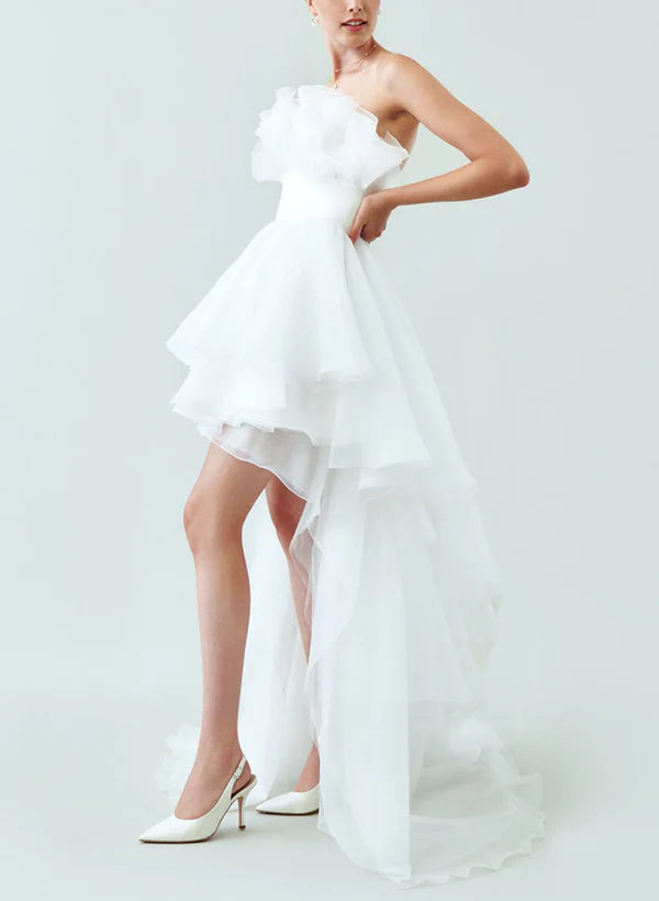 Strapless Sleeveless Sweep Train Wedding Dresses Off Shoulder Solid Color