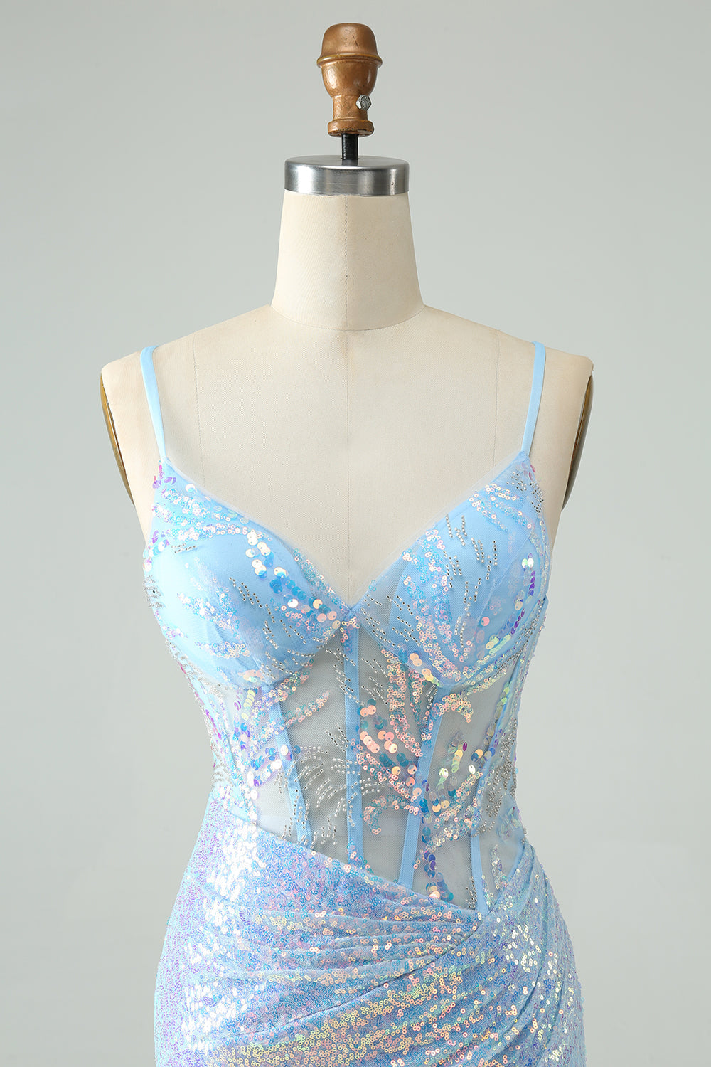 Glitter Light Blue Tight Spaghetti Straps Corset Short Homecoming Dress with Sequins Sparkly