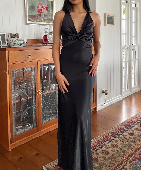 Black V Neck Backless Simple Satin Long Evening Party Dress Formal Dress