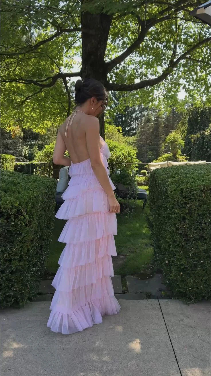 Unique Halter Layered Tulle Prom Dresses Long Bridesmaid Dresses Charming Evening Party Dress