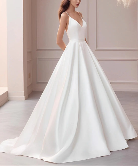 V-Neck Ball Gown Wedding Dress With Sweep Train Sleeveless Floor Length Simple