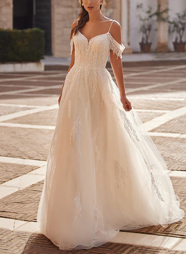 A Line Off-The-Shoulder Tulle Long Wedding Dress With Appliques Lace Elegant Bridal Gown
