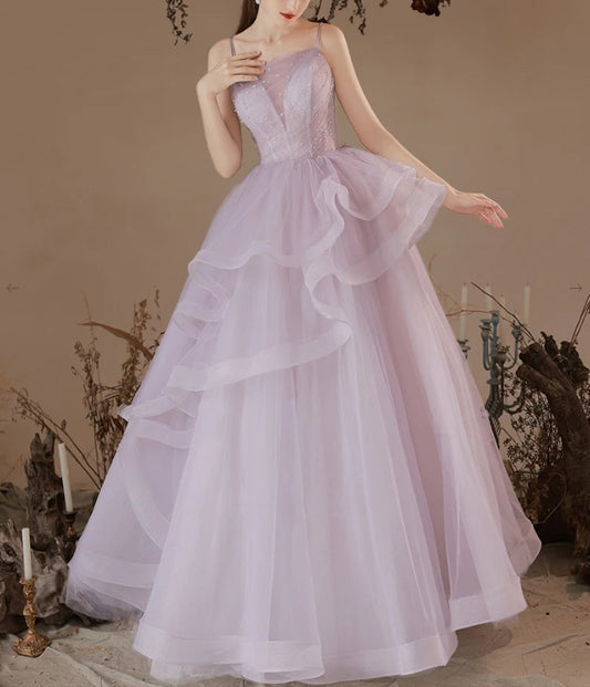 Light Purple A Line Tulle Long Prom Dress Formal Dress december wedding guest dress