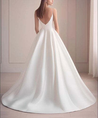 V-Neck Ball Gown Wedding Dress With Sweep Train Sleeveless Floor Length Simple