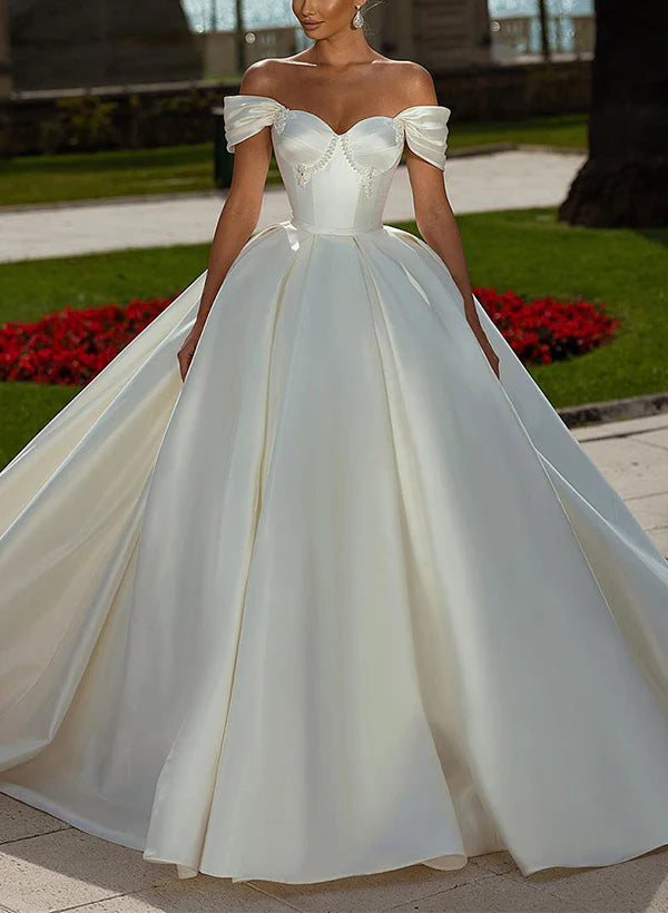 Elegant Off-The-Shoulder Satin Ball-Gown Wedding Dress With Sweep Train Charming Bridal Gown