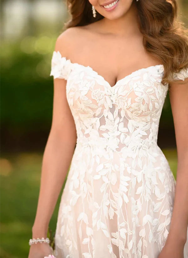 Elegant A Line Off-The-Shoulder Lace Tulle Sweep Train Wedding Dress With Appliques
