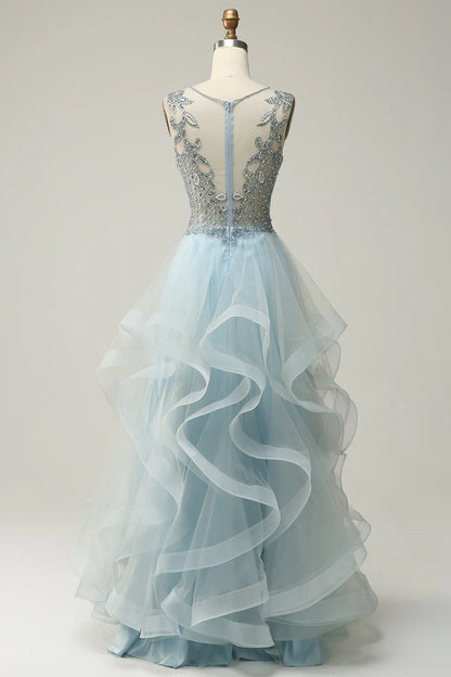 A Line Low V Neck Tulle Layers Long Prom Dress with Appliques Beautiful