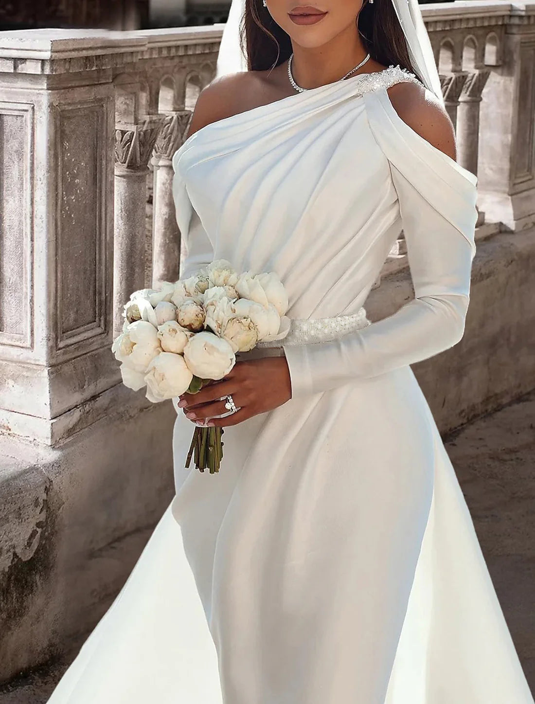 Formal Wedding Dresses Two Piece One Shoulder Long Sleeve Floor Length Satin Bridal Gowns With Sash / Ribbon Beading Ivory
