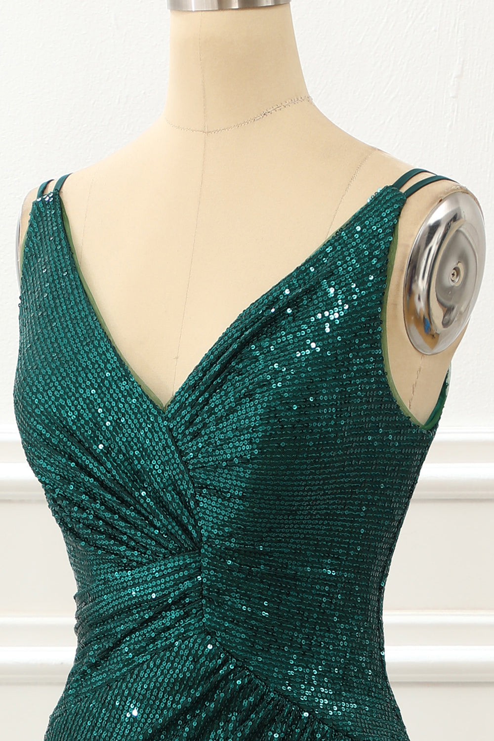 Dark Green Spaghetti Straps Saprkly Prom Dress With Slit V-neck Sexy