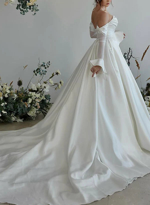 Sweetheart Long Sleeves Silk Like Satin Wedding Dress With Beading Off Shoulder Floor Length Without Neck accessories