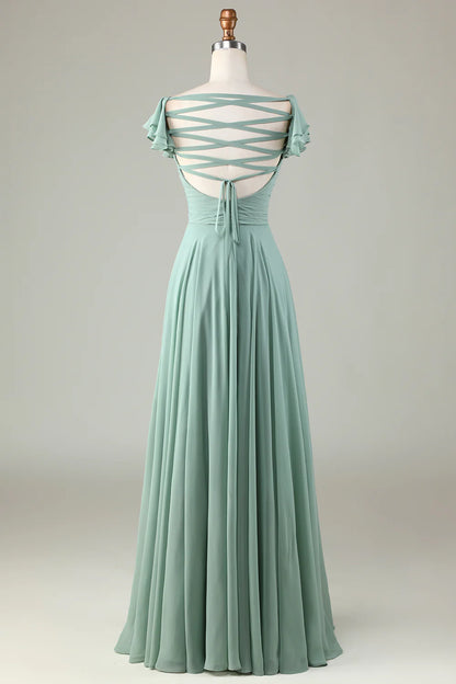 Matcha Lace-Up Back  Criss Cross Bridesmaid Dress with Ruffles