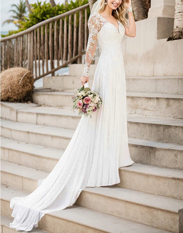 A-Line V-Neck Long Sleeves Chiffon Court Train Wedding Dress With Lace Floor Length Beautiful