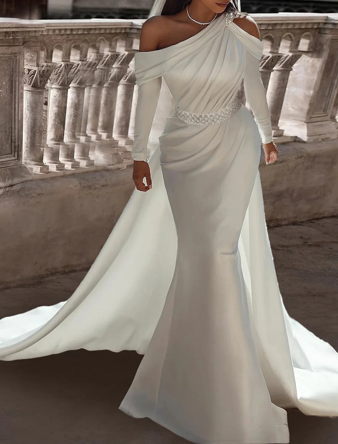 Formal Wedding Dresses Two Piece One Shoulder Long Sleeve Floor Length Satin Bridal Gowns With Sash / Ribbon Beading Ivory