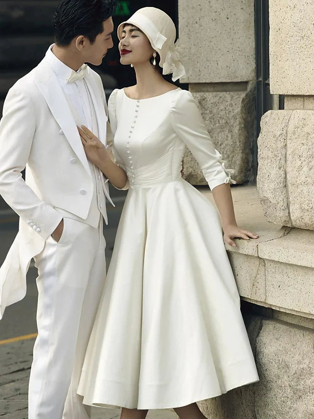 A-Line Wedding Dresses Jewel Neck Tea Length Satin Half Sleeve Simple Vintage Little White Dress with Buttons Pleats