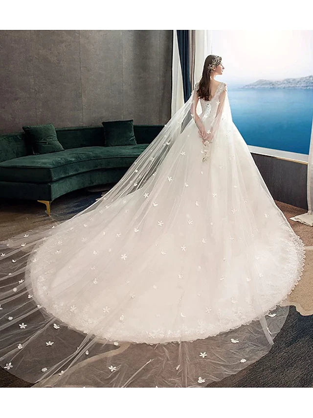 Princess Ball Gown Wedding Dresses Jewel Neck Chapel Train Lace Tulle Sleeveless Floor Length  Formal Luxurious with Appliques