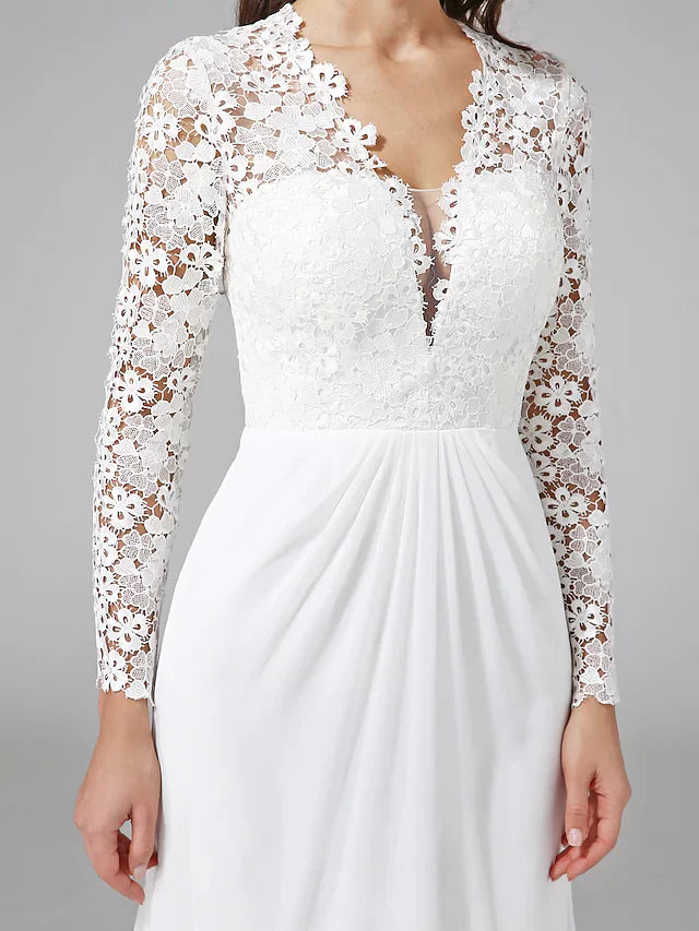 Wedding Dresses V NeckChiffon Floral Lace Long Sleeve Romantic Boho Illusion Sleeve with Back Lace Button