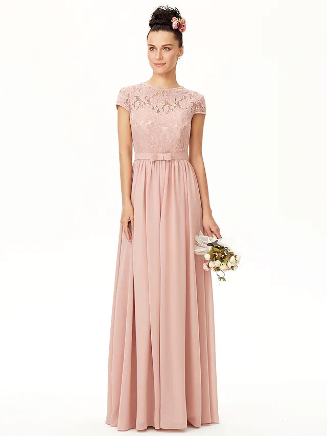 A-Line Jewel Neck Floor Length Chiffon Corded Lace Bridesmaid Dress with Sash Ribbon Bow(s) Pleats