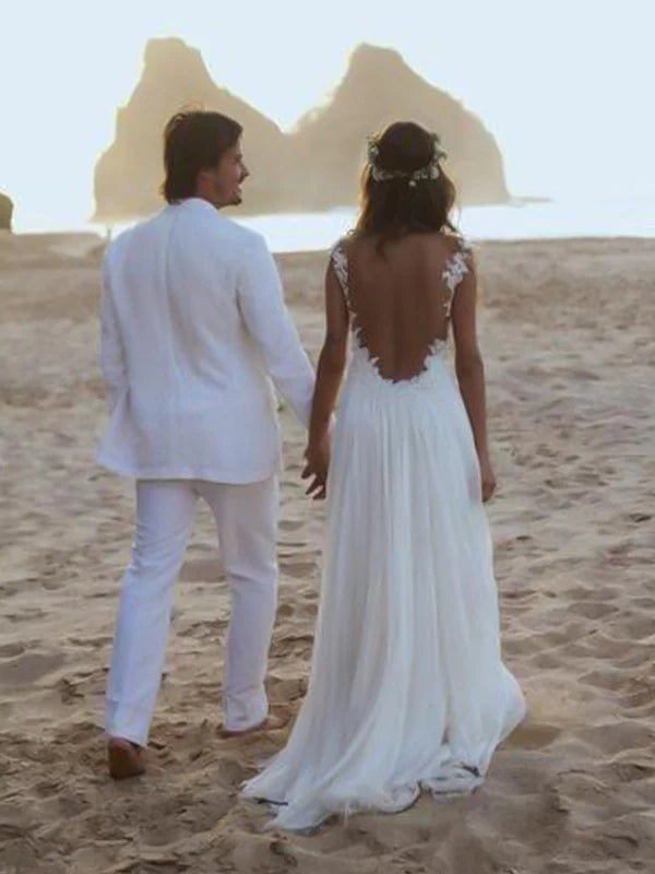 A-Line/Princess Spaghetti Straps Sleeveless Sweep/Brush Train Lace Chiffon Wedding Dresses Open Back