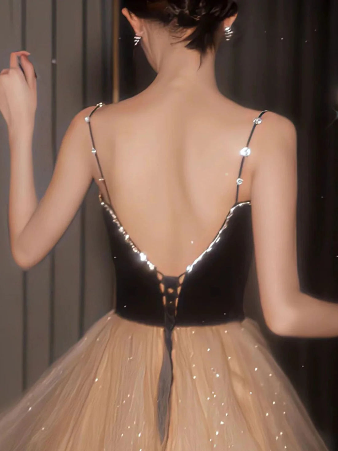 Champagne v neck tulle long prom dress formal graduation dress Sparkly Evening Dress