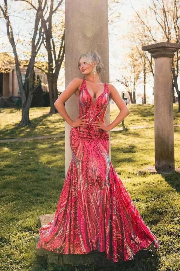 Mermaid V Neck Fuchsia Sequins Long Prom Dresses Sexy Evening Dress