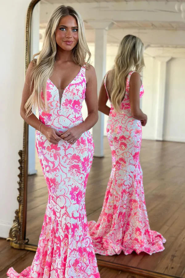 Pink V Neck Sequin Lace Mermaid Prom Dress Floor Length Sexy Evening Dress