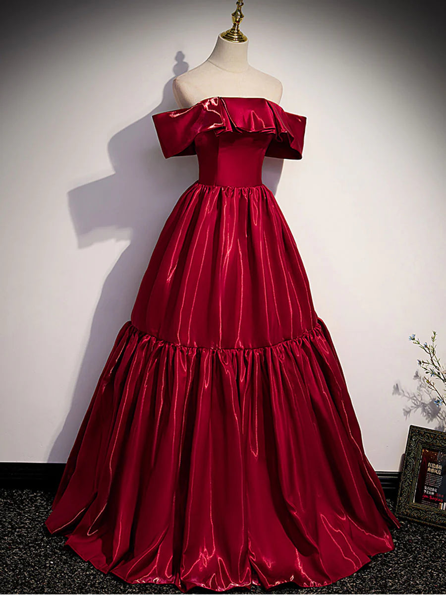 Simple burgundy off shoulder satin long prom dress evening dress december wedding guest dress