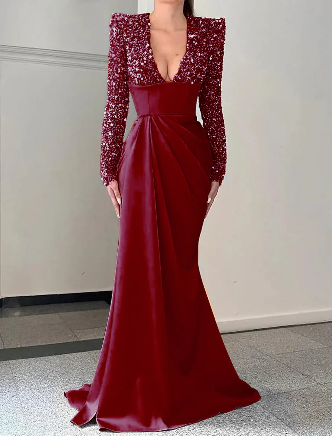 Mermaid / Trumpet Evening Gown Elegant Dress Formal Sweep / Brush Train Long Sleeve V Neck Satin with Pleats Sequin Sparkly Sexy